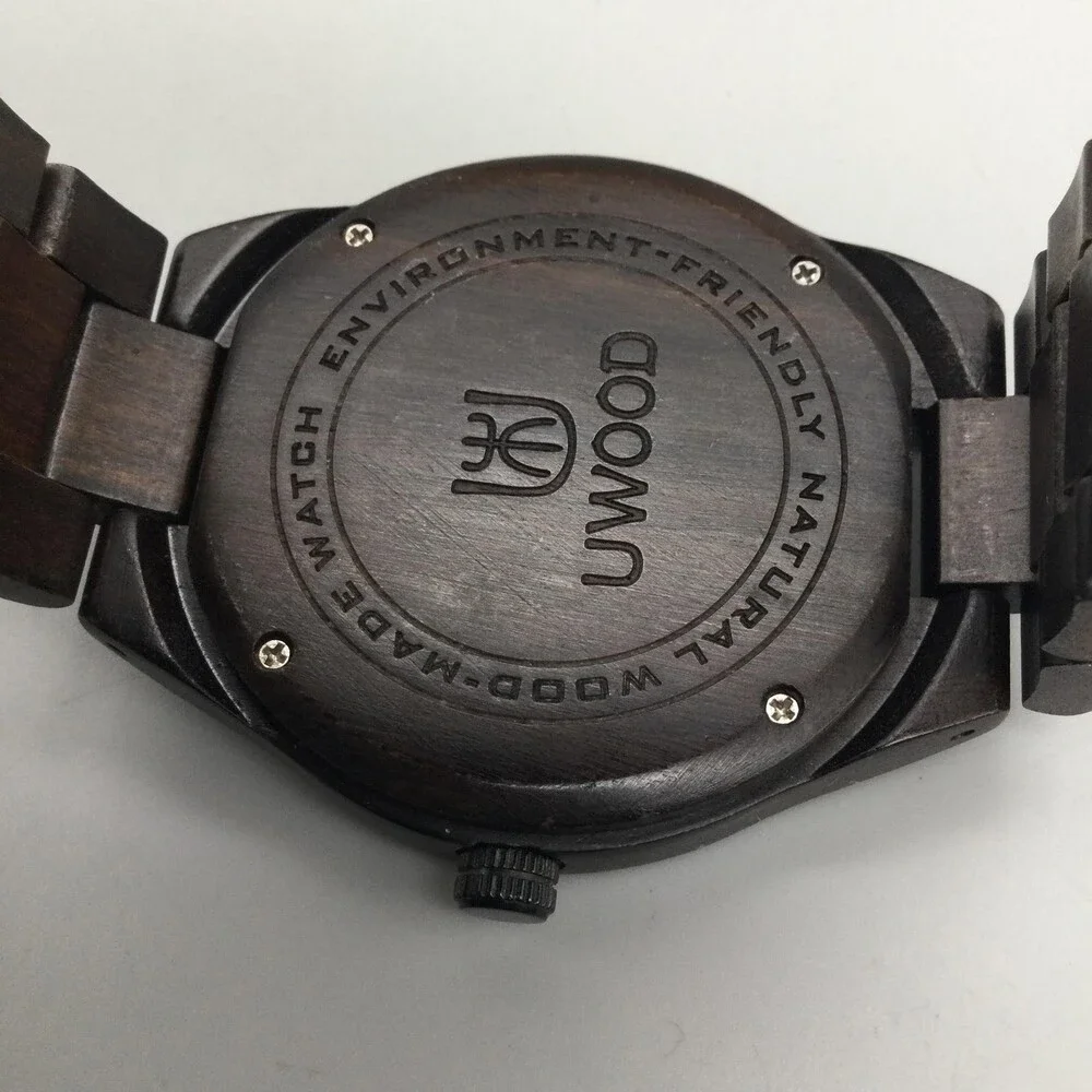 UWOOD Mens Watch 49mm Dark Brown Wooden Dial Wood Bracelet New Battery 8